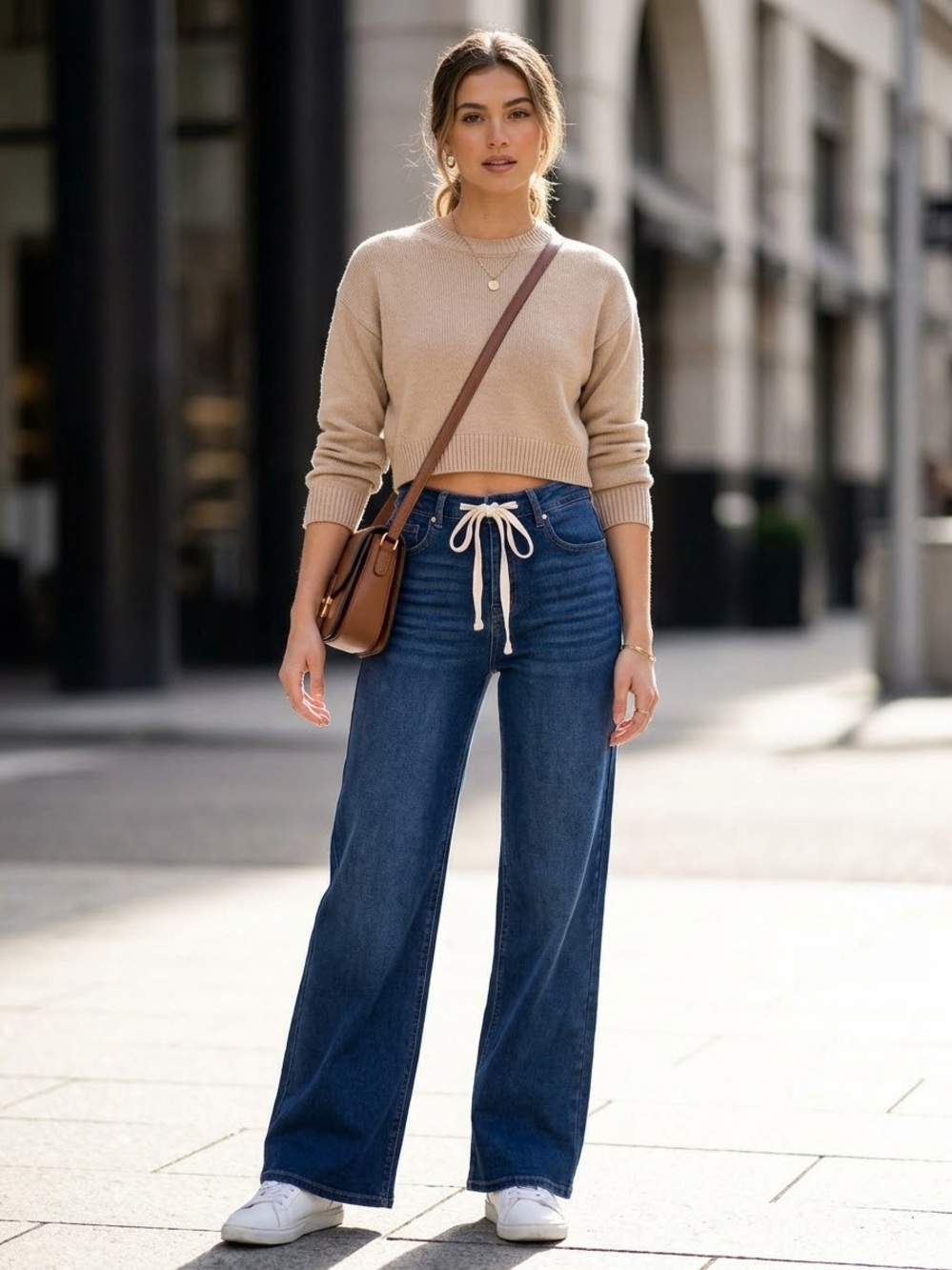 Rewash High-Rise Wide Leg Jeans with Drawstring - Dark Blue